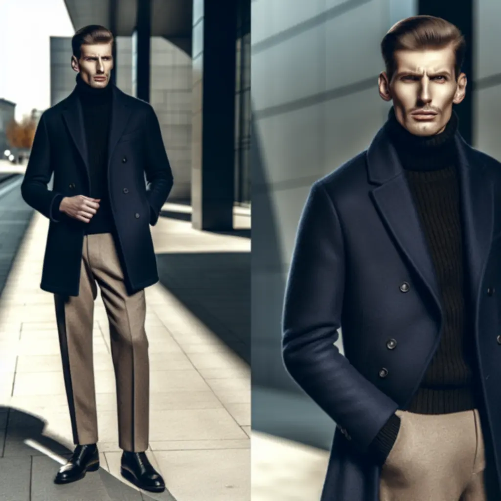 Elegancki mężczyzna w granatowym płaszczu premium